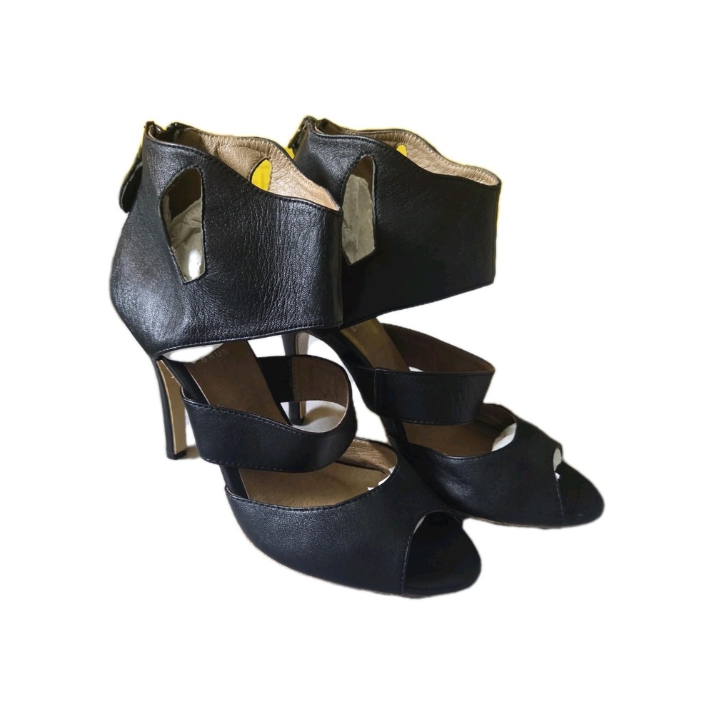 Hendrick Brun Karla Heels Womens 7 Black Leather Strappy‎ Sandal Open Toe Zip